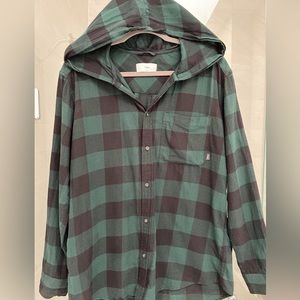 TNA 100% cotton dark green plaid hooded button down